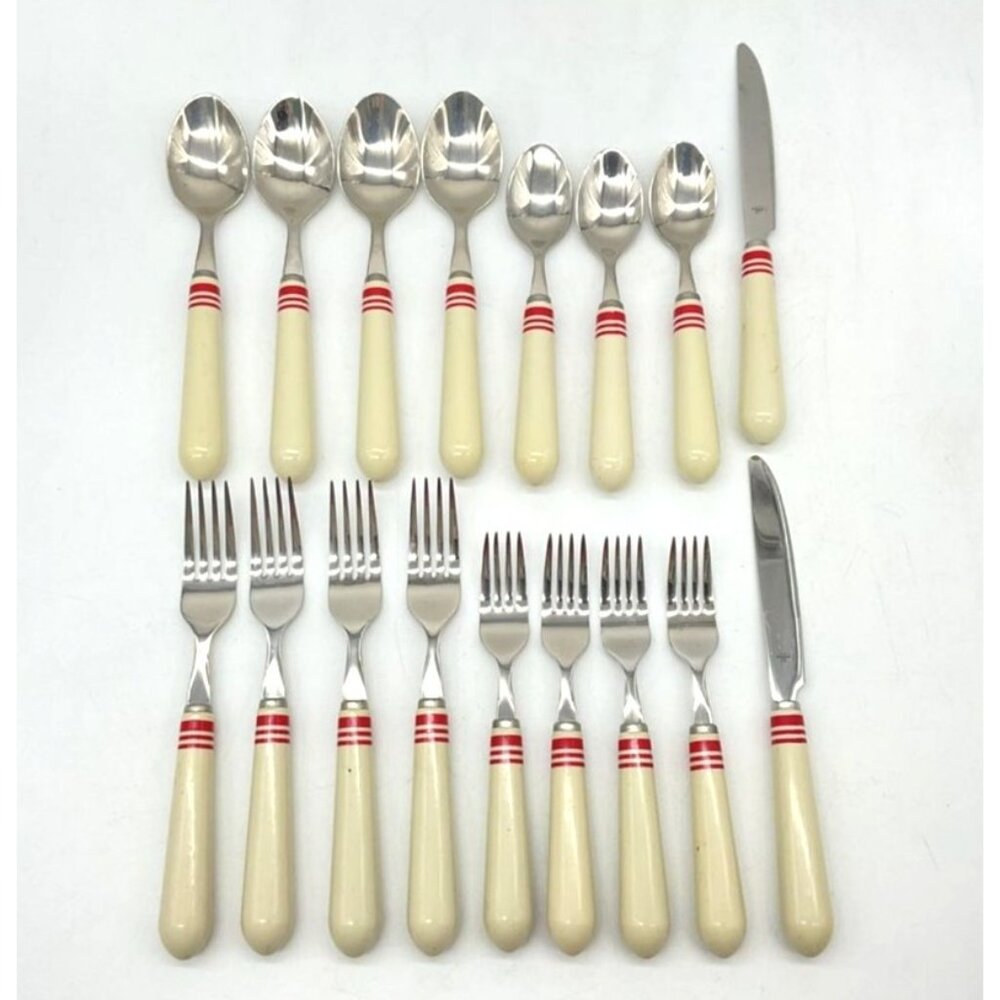 17 pc Ralph Laren Stainless Flatware Cafe Stripe-Red